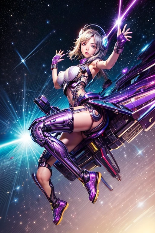Luciwilde is a sexy cyborg with a entirely electric purple metallic body(obviously mechanical), metal helmet stylized as a fashion model hairdo (no hair visible), and a completely human face. She is flying through space propelled by jets in her feet. She has a guitar with a laser rifle built into it. Full body shot, show all of her, action pose with her weapon, best quality, extreme attention to detail, beautiful face