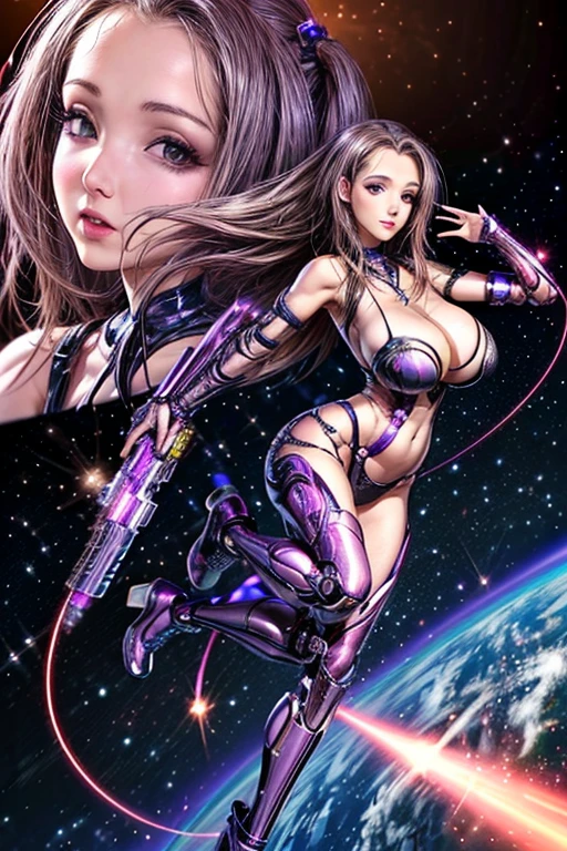 Luciwilde is a sexy cyborg with a entirely electric purple metallic body(obviously mechanical), metal helmet stylized as a fashion model hairdo (no hair visible), and a completely human face. She is flying through space propelled by jets in her feet. She has a guitar with a laser rifle built into it. Full body shot, show all of her, action pose with her weapon, best quality, extreme attention to detail, beautiful face