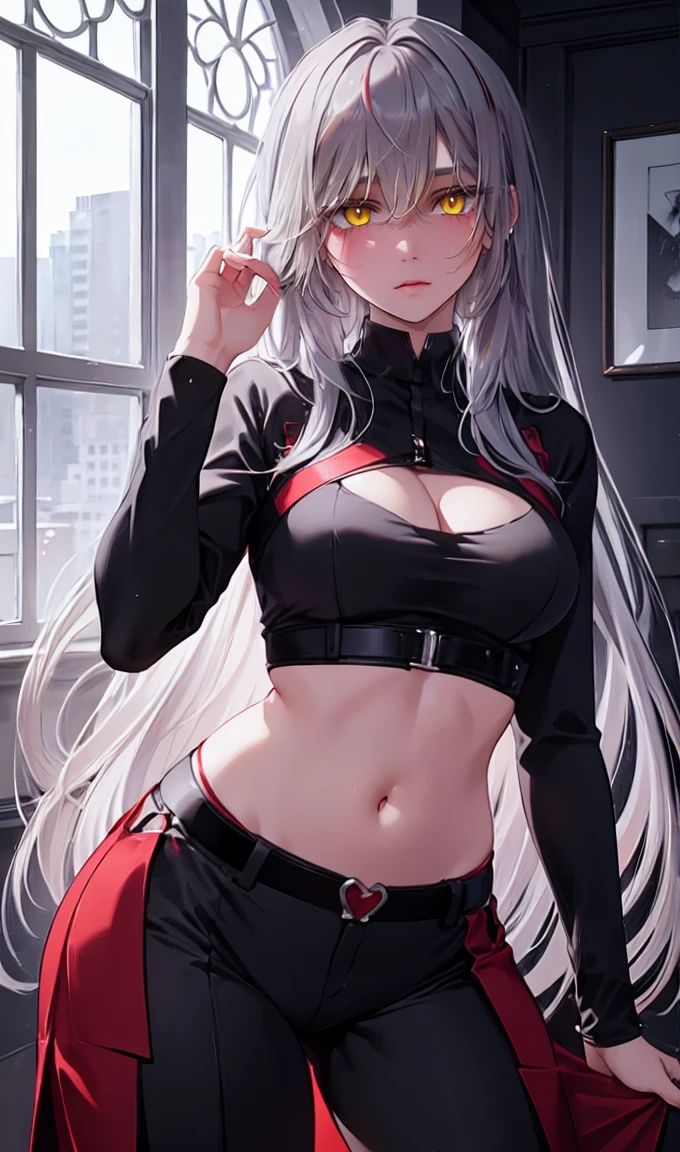 1girl, solo,lips, female focus, red eyes, looking at viewer, gray hair, long hair, closed mouth, ((Wide hips)), black dress, pants:1.5