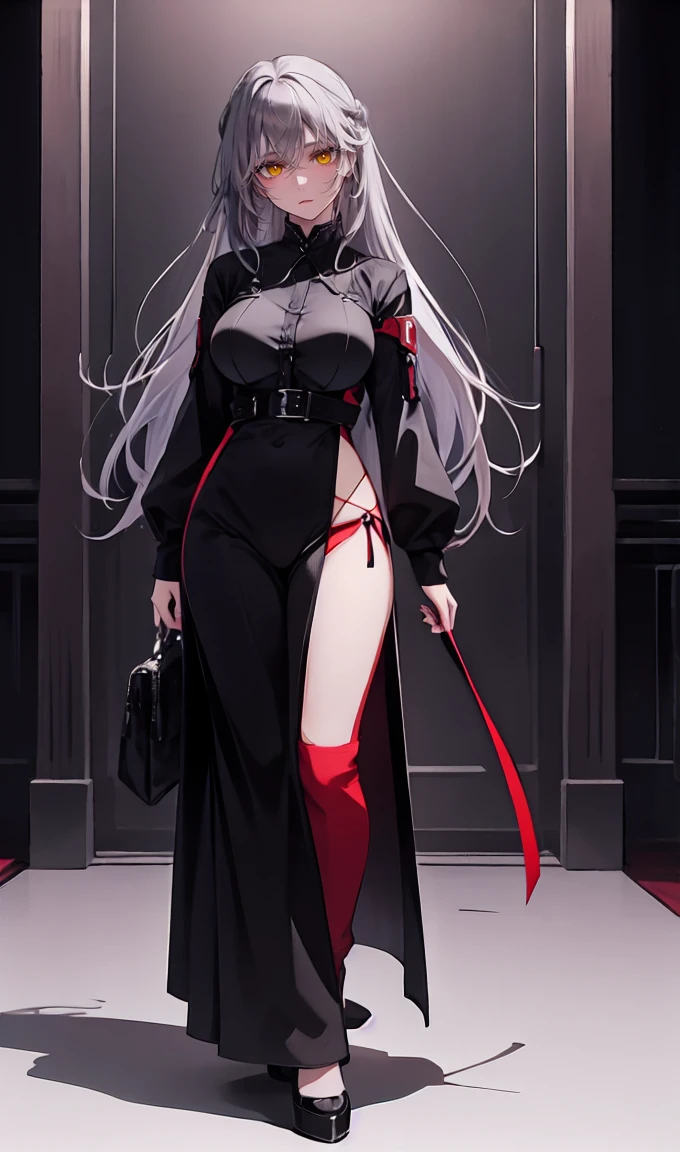 1girl, solo,lips, female focus, red eyes, looking at viewer, gray hair, long hair, closed mouth, ((Wide hips)), black dress, pants:1.5