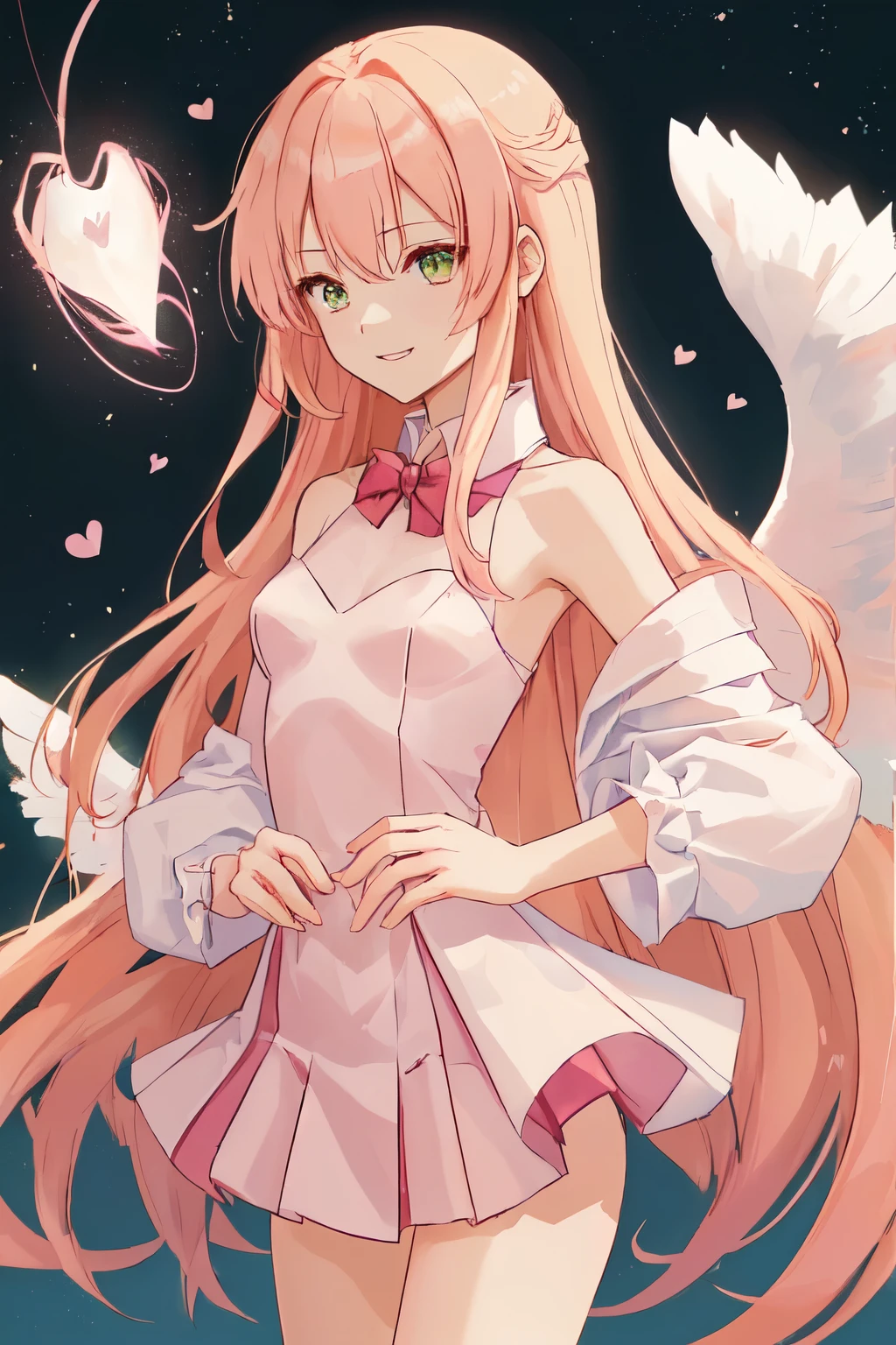 1_girl, (anime, kawai:2), (masterpeice, best_quality, clean:1.5), (sky_background:1.2), (cute, cute_smile, wholesome, young:1.8), (delicate, extremely_delicate, beautiful, thin:1.5), (girlfriend, angel:1.8), (green_eyes, simple_eyes:1.8) (long_hair, blond_hair, wearing_pink_dress, pink_angel_wings:1.5), extremely_delicate, (love_magic:1.5), (age_size_fits_body), (small_thighs:1.3), (breasts), (eye_level:1.3), (heart_magic, love:1.5), (folded_legs:1.5), (combat:1.2)