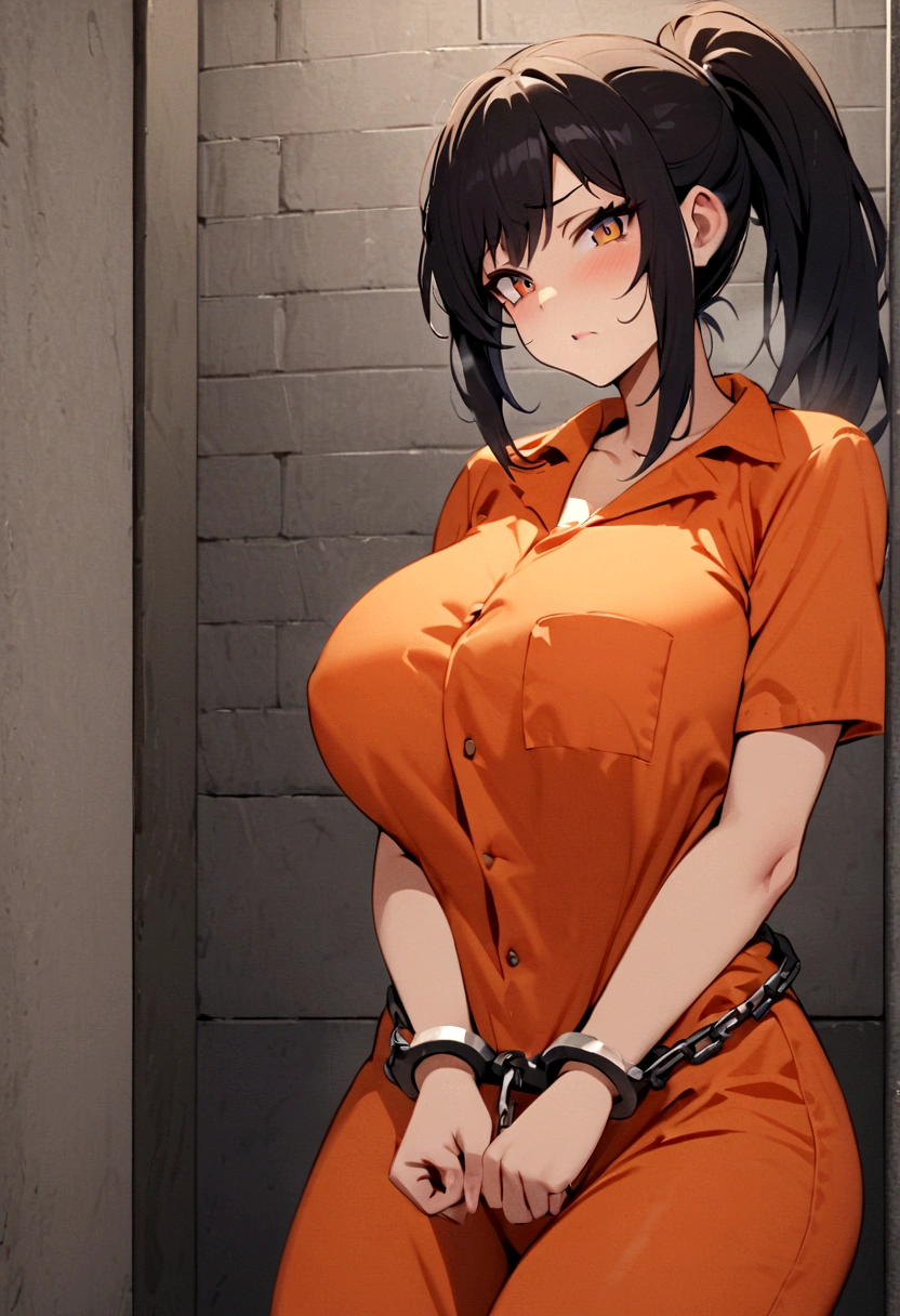 mugshot, view the viewer, Huge breast, prisoner, prison girl, jailed, prisoned, orange prison jumpsuit, Handcuffed, Restrained, shackle, domina, jail cell, lock, long black hair, ponytail 