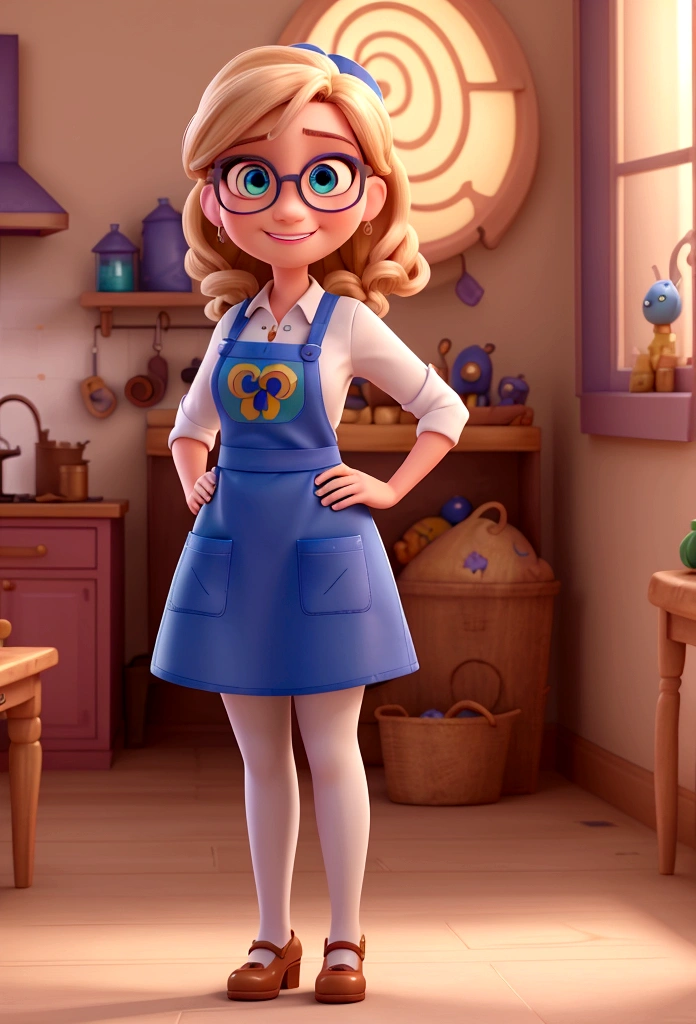 best quality,4K,8K,high resolution,Artwork:1.2),ultra-detailed,(realistic,photorealistic,photo-realistic:1.37),3D rendered, pixar style, detailed beautiful woman with blue eyes, big blonde hair , wearing white glasses, standing in the image with arms crossed, with an apron written yard house, Disney themed makeup, cute, smiling, close-up, Pixar and Disney characters, cartoon cinematic lighting, standing in the image, make standing image complete
