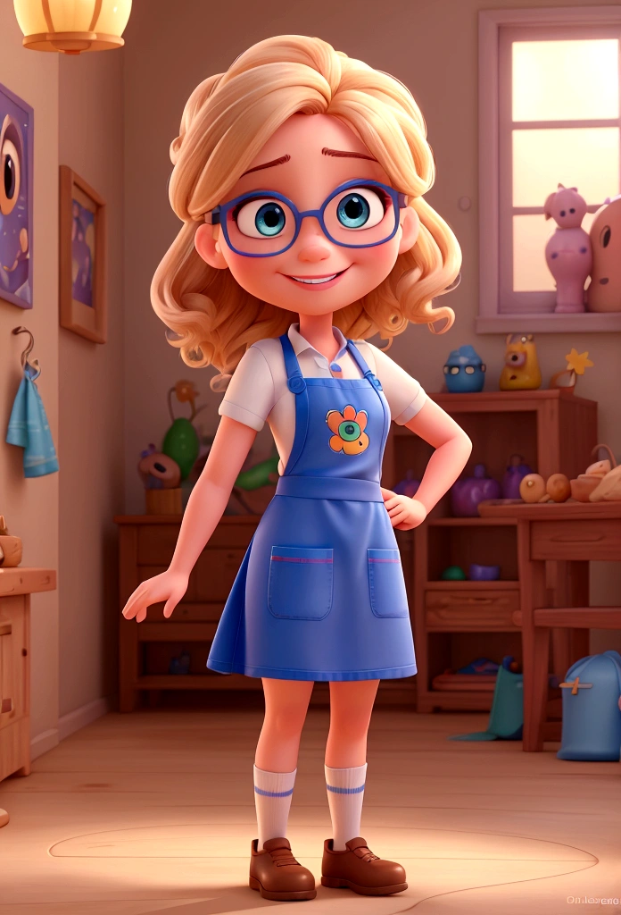 best quality,4K,8K,high resolution,Artwork:1.2),ultra-detailed,(realistic,photorealistic,photo-realistic:1.37),3D rendered, pixar style, detailed beautiful woman with blue eyes, big blonde hair , wearing white glasses, standing in the image with arms crossed, with an apron written yard house, Disney themed makeup, cute, smiling, close-up, Pixar and Disney characters, cartoon cinematic lighting, standing in the image, make standing image complete