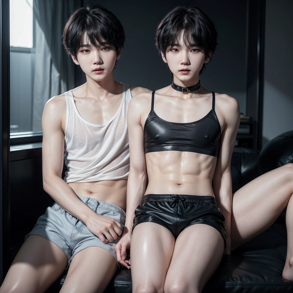 Min Yoongi from BTS with a transparent tank top and short shorts with dark hair