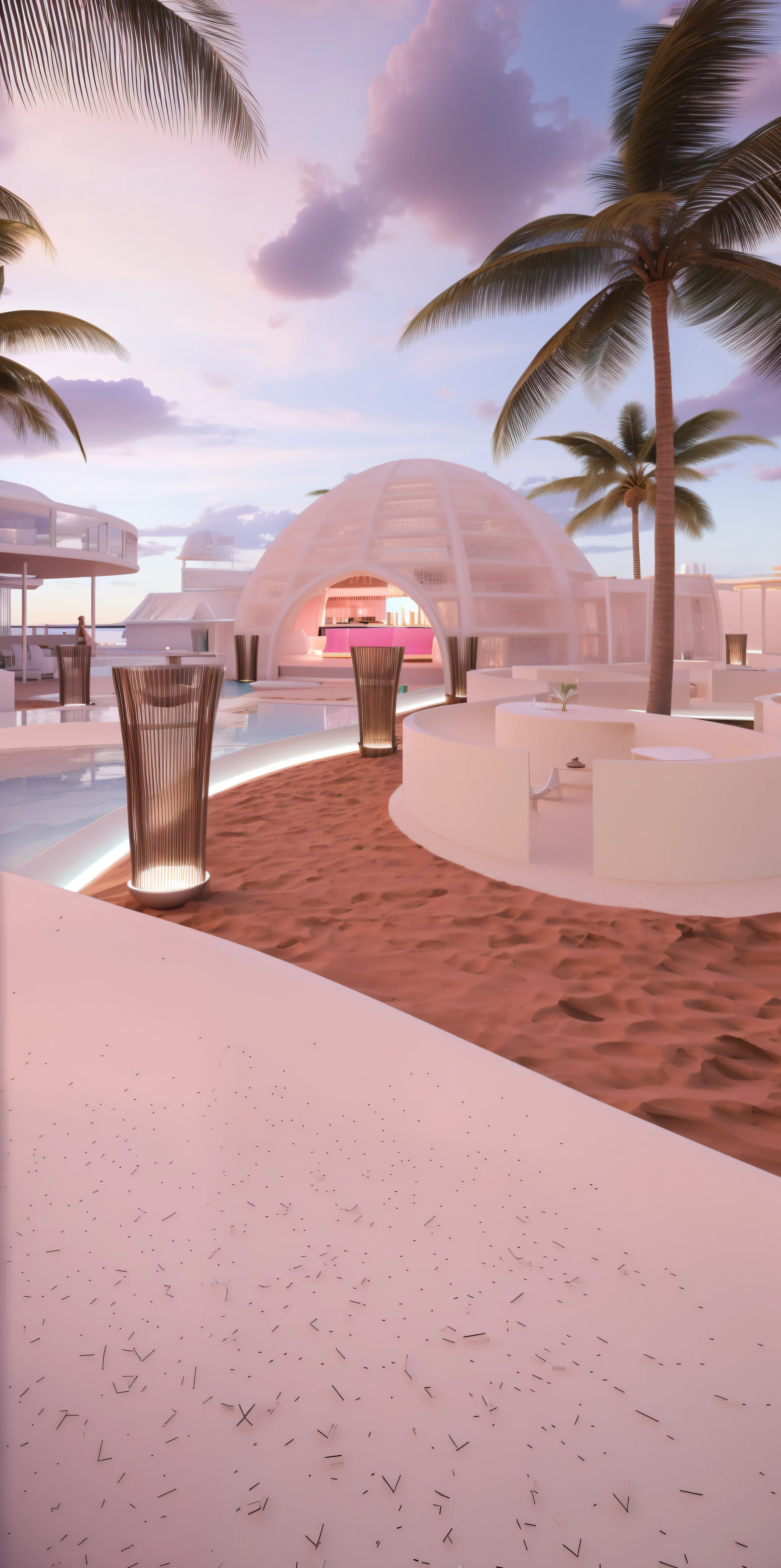 （masterpiece, best quality, high quality, Extremely detailed CG Unity 8K wallpaper, Realistic photos, Depth of Field）, There is a white building，There is a swimming pool and a bar in the middle, beach bar, Ibiza dance inspiration, futuristic marrakech, In a futuristic desert palace, seashell house, Futuristic Dome, a Digital Renderinging, In the seaside environment, futuristic marrakech morocco, Detailed scenario, V-Ray, V-Ray, Digital Renderinging, Digital Rendering, Futuristic Background