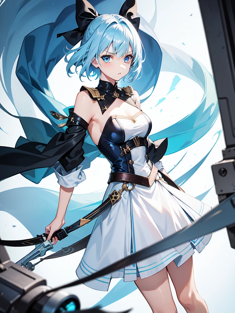 1 girl, light blue hair, light hair hair, sharp eyes, light blue eyes, sleeveless combat dress, bow, serious look, masterpiece, high quality, fantasy eyepatch, unique eyepatch, short hair, short hair