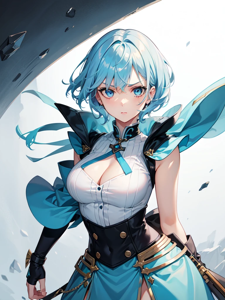 1 girl, light blue hair, light hair hair, sharp eyes, light blue eyes, sleeveless combat dress, bow, serious look, masterpiece, high quality, fantasy eyepatch, unique eyepatch, short hair, short hair