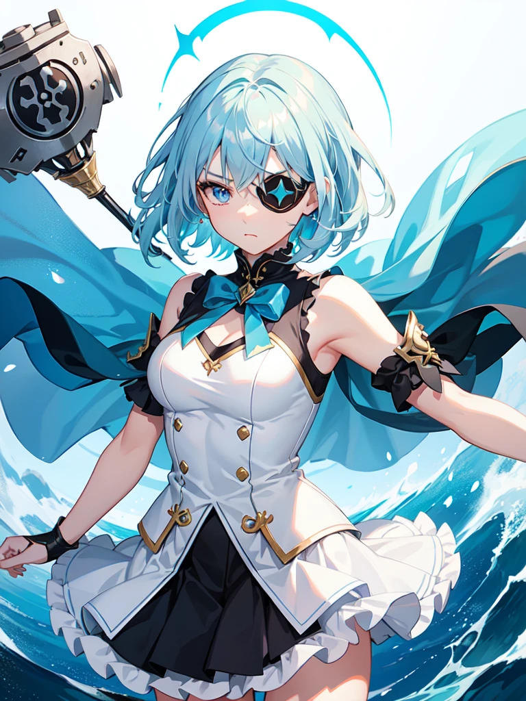 1 girl, light blue hair, light hair hair, sharp eyes, light blue eyes, sleeveless combat dress, bow, serious look, masterpiece, high quality, fantasy eyepatch, unique eyepatch, short hair, short hair