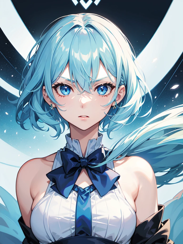 1 girl, light blue hair, light hair hair, sharp eyes, light blue eyes, sleeveless combat dress, bow, serious look, masterpiece, high quality, fantasy eyepatch, unique eyepatch, short hair, short hair