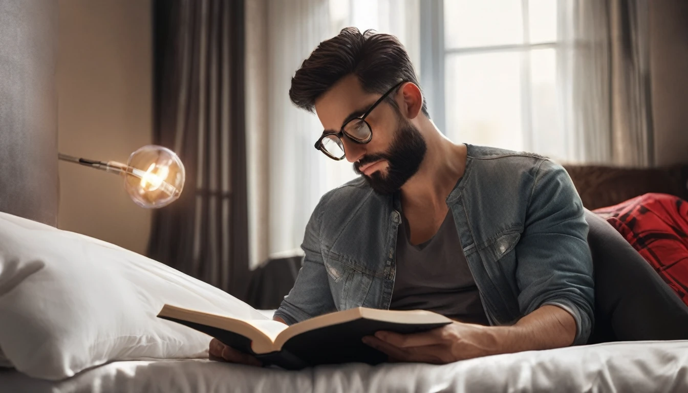 A man reading a book while laying on bed, head on pillow, realistic side profile photoshoot, 8K, perfect anatomy, hyper realism