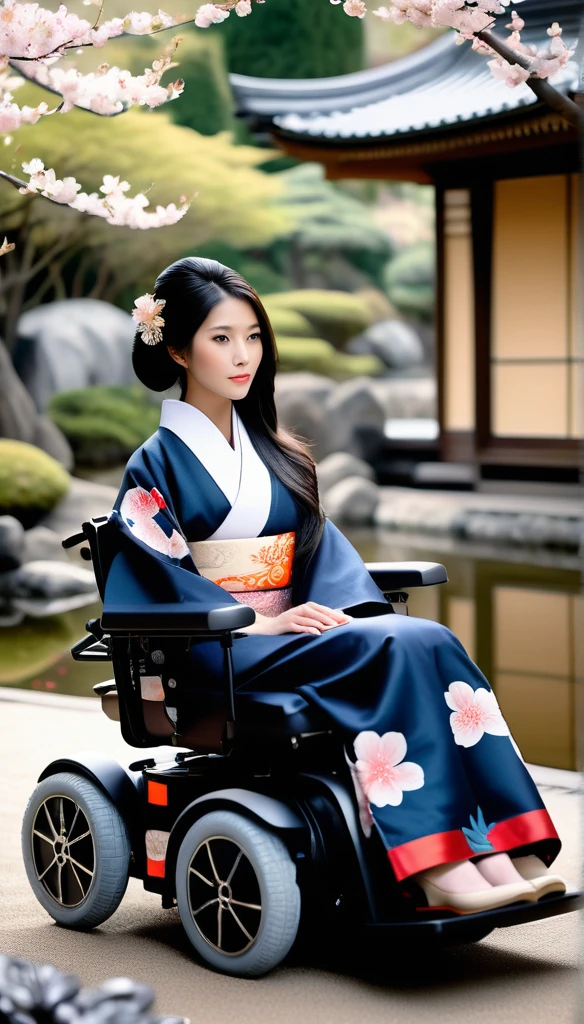 A highly photorealistic image of a beautiful Japanese girl sitting in a luxurious electric wheelchair that looks like a plush, comfortable sofa. She has long, flowing black hair and wears a traditional kimono with intricate patterns. The background features a serene Japanese garden with cherry blossom trees in full bloom, a stone lantern, and a koi pond. The girl looks serene and content, blending the beauty of traditional Japanese culture with the inclusivity of modern times.