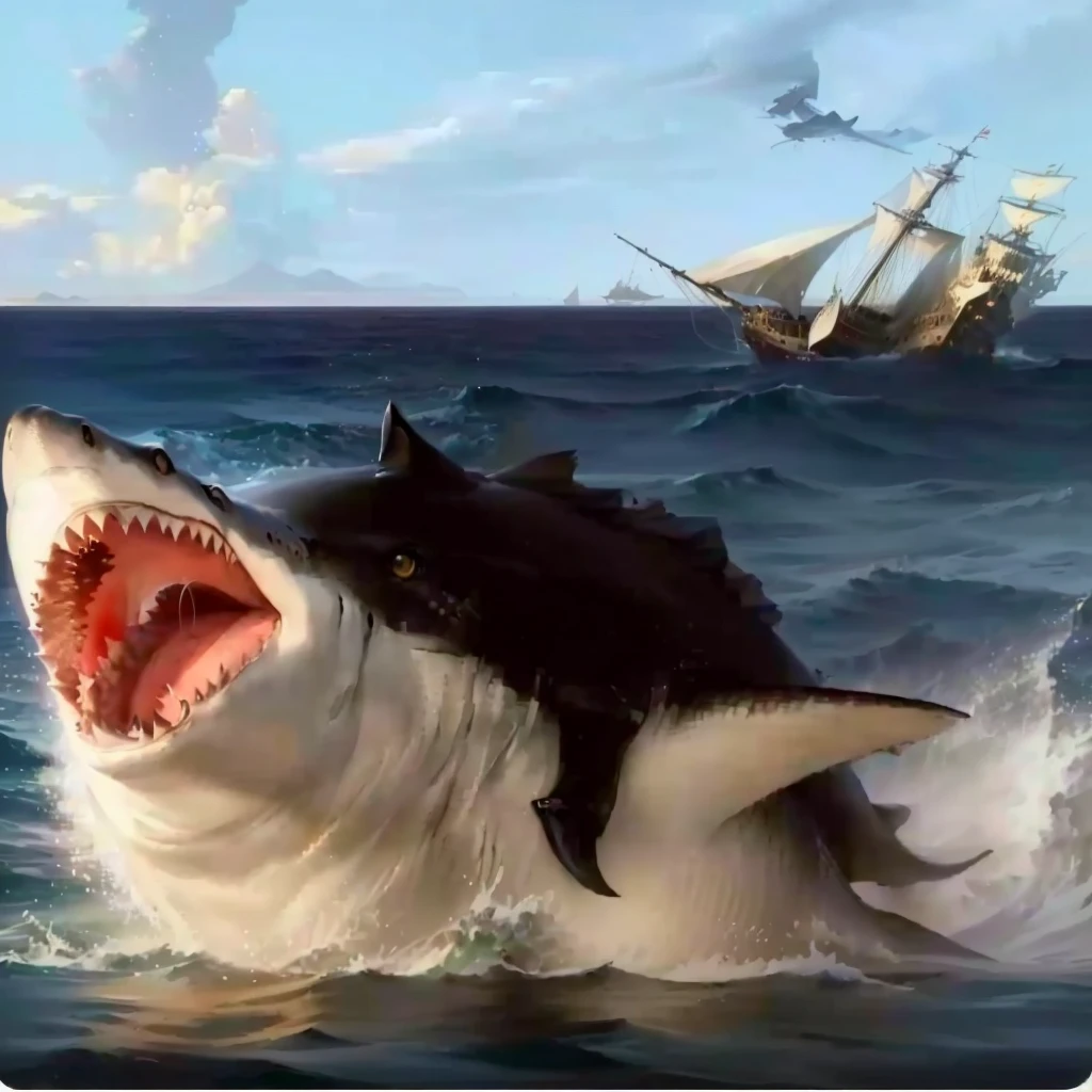 Composition of a highly detailed and intricate sci-fi scene, a a cat Riding a shaRk with an old ship, fifteenth century galleon type, sailing boat on the backgRound, shaRk cat hybRid, subReddit / R / whale, jean - leon geRome, jean-leon geRome, by Jean-Léon GéRôme, jean leon geRome, they aRe chasing the whale, by Niko HenRichon, half wolf half shaRk, dramatic clouds and vibrant sky, photorealistic, 8k, masterpiece, unreal engine, concept art style