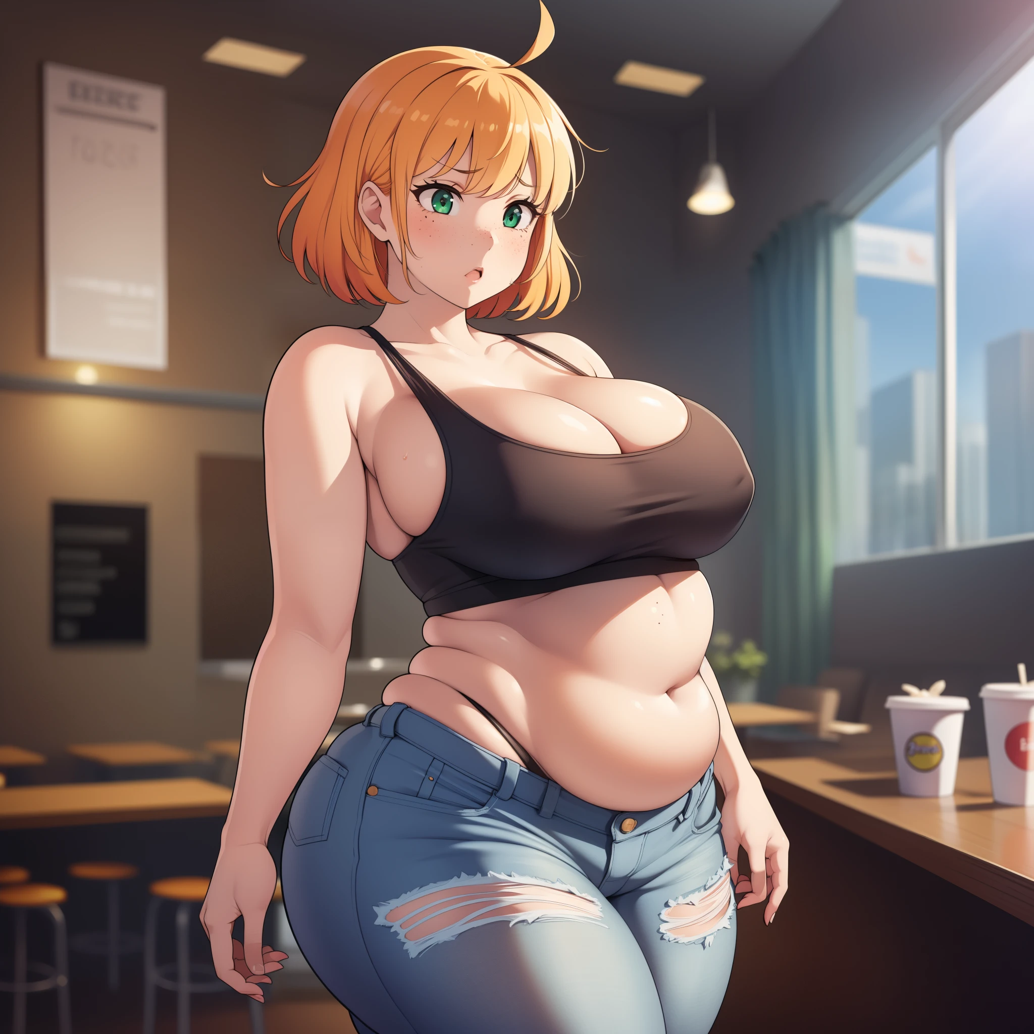 ((highres)), Masterpiece, high quality, best quality, beautiful, perfect lighting, detailed face, ultra cute face, ((1girl)), ((solo)), skindentation, orange hair, green eyes, freckles, jeans, tank top, thighs clothes, full body, standing in a fast food restaurant, medium breasts, perky breasts, cleavage, ((wide hips)), ((thick thighs)), ((plump)), pudgy belly, fat folds, belly hang,