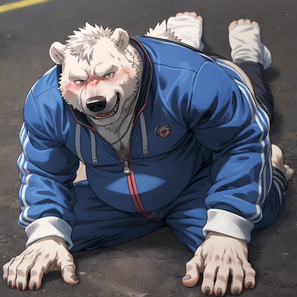 chubby polar bear pulling down zip attached to  kneel polar bear dad skin , track suit , detailed white feet five toes  with white  sock,  profile, evil smug blush sweating , kemono , high quality ( view from below ) , by rossciaco back view