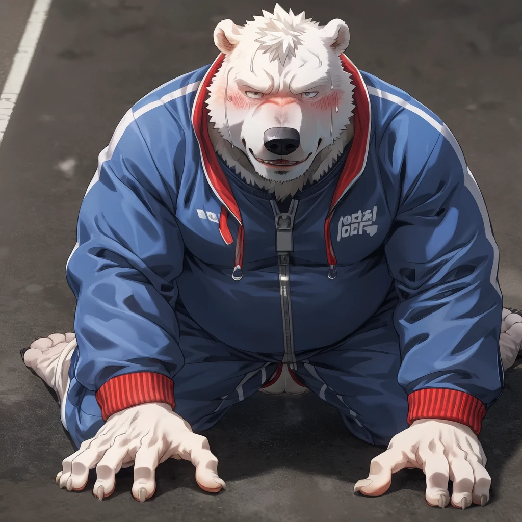 chubby polar bear pulling down zip attached to kneel polar bear dad skin , track suit , detailed white feet five toes with white sock, profile, evil smug blush sweating , kemono , high quality ( view from below ) , by rossciaco back view