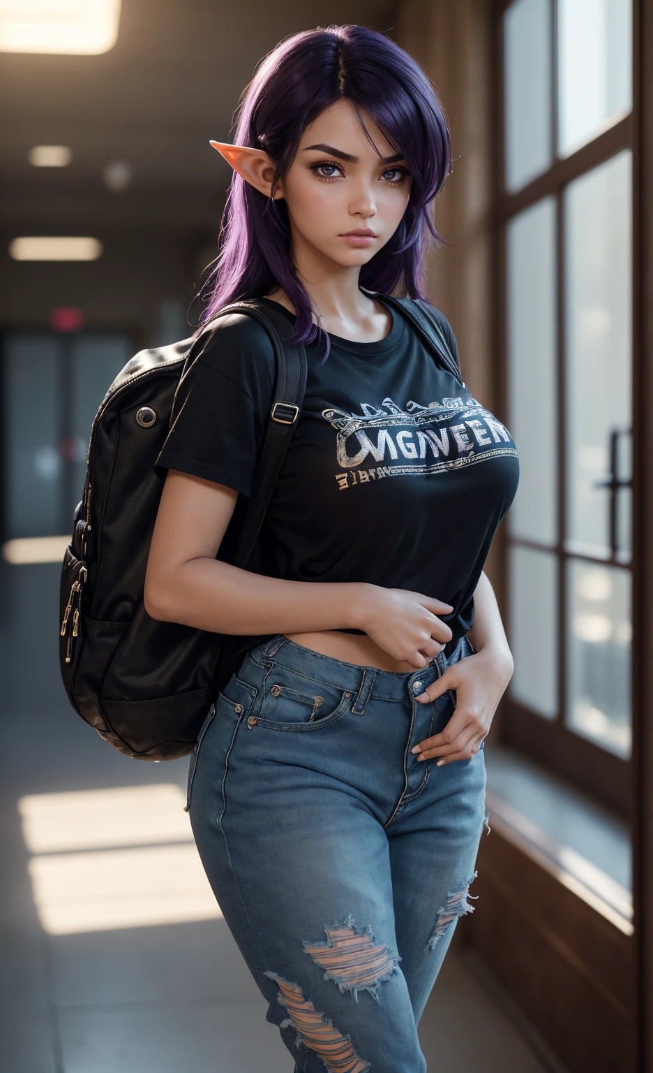 (masterpiece), (extremely intricate:1.3), (realistic), portrait of a girl, huge and perfect breasts, the most beautiful in the world, dark eyebrows, bright purple hair, short very shaggy and messy hair, almond eyes, (annoyed pout:1.2), blushing heavily, (oversized baggy goth t-shirt), (ripped baggy jeans), (converse sneakers), (backpack), (elf ears:1.1), tanned, detailed textures, indoors, bright sunlight, classroom hallway, professional photograph of a stunning woman detailed, looking at the camera, alluring stare, detailed eyes, sharp focus, dramatic, award winning, cinematic lighting, octane render  unreal engine,  volumetrics dtx, (film grain, blurry background, blurry foreground, bokeh, depth of field, motion blur:1.3)