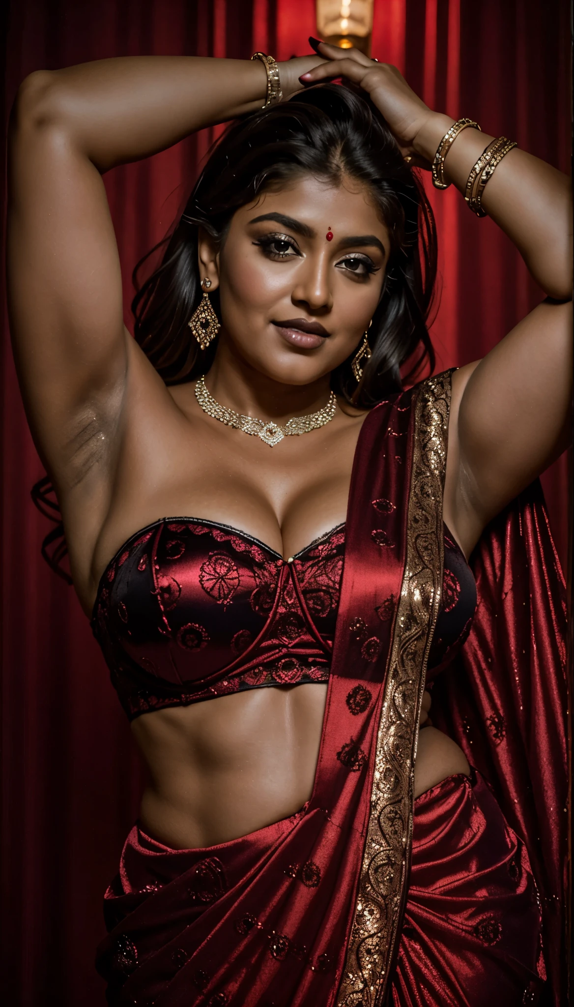 Looks like Nayanthara, milf, cougar lady witch, horny Gothic milf, 50 years old gorgeous mature lady, pervert demoness, demoness of lust, curvy, black lips, horny face, extremely gorgeous, thick figure, heavy physique, voluptuous, curvy, sexy figure, Fashionable portrait of androgynous alien looking witch wearing veil, glowing eyes, futuristic design, minimal details, givenchy, photoreal, 200mm, hd, f/ 2.0, highly detailed, surreal, sexy beautiful evil woman, sexy bold sequin Saree with strapless Bra, chudail, Pishachini, horror genre, blood-thirsty enchantress, powerful female spirit, eerie, drop dead, in the style of red and blue, (intricate details, hyperdetailed:1.15) (skin texture:1.2), dark Moody tone, cinematic lighting, haunted place in background,