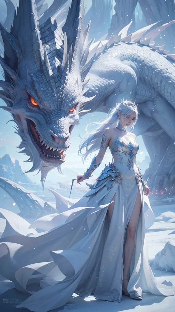 a woman in a white dress next to a dragon, ice and fire, Queen of Dragons, queen of ice and storm, detailed fantasy art, fantasy art style, epic fantasy art style hd, epic fantasy art style, amazing fantasy art, fantasy illustrations, highly detailed fantasy art, beautiful fantasy art, breathtaking fantasy art, realistic fantasy illustration, 4k fantasy artwork