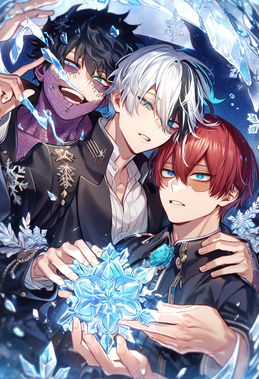 absurdres, highres, ultra detailed, HDR, master piece, best quality, extremely detailed face, delicated features, Dabi, black hair, expressive turquoise eyes, Boku No Hero Academia, Todoroki Shouto, bicolored hair, right side white hair, left side red hair, expressive blue eyes, twosexy men together, gay couple, yaoi, handsome,black clothes, magic, ice flowers, snowflakes, ice, magical, fantasy, glass, ice moon, starry sky, ice style, blue fire