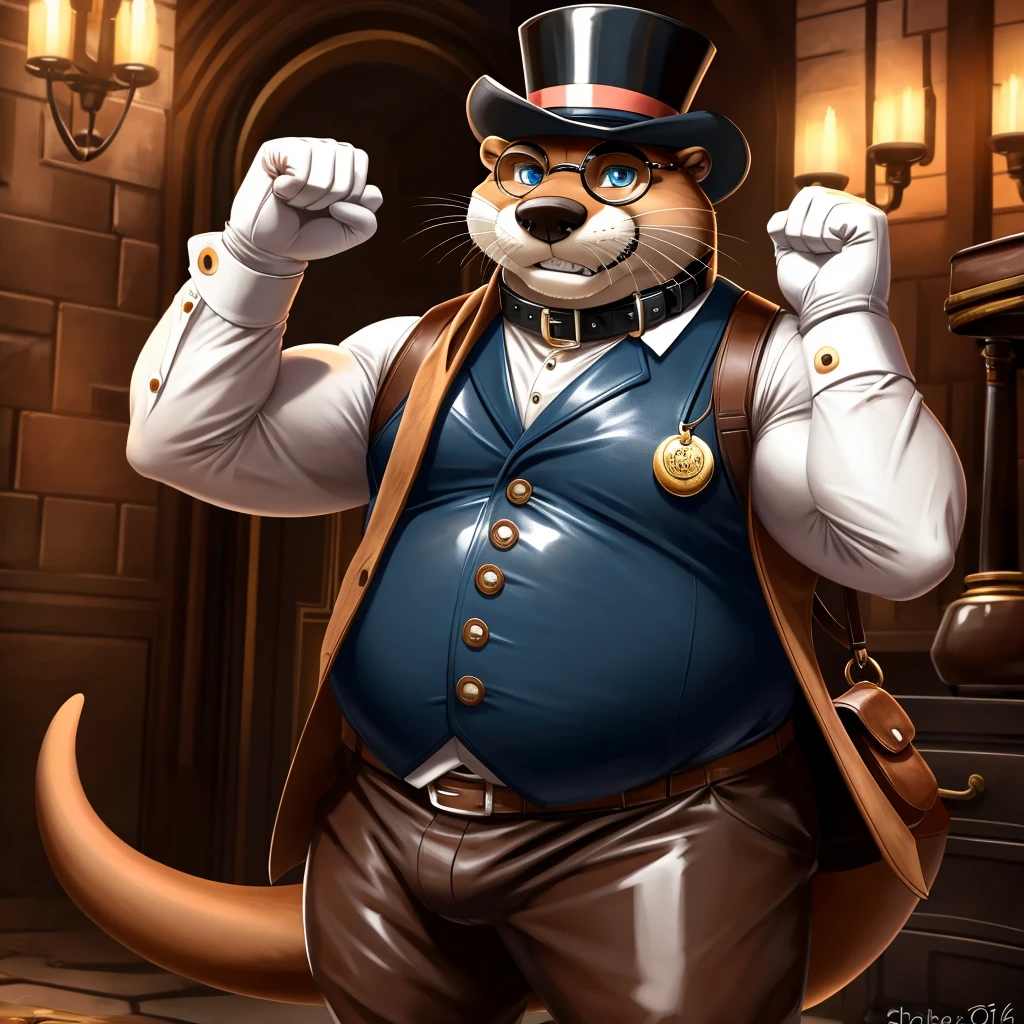 Solo, Male, fat, extremely obese, gentleman, dapper Professor Otter, blue eyes, (posing:1.3), (soft shading), 4k, hi res, ((detailed face, detailed)), looking at viewer, evil grin, steampunk, collared shirt with buttons, top hat, male focus, Explorer Outfit, glasses, monocle, bag, vest with buttons, backpack, sleeves rolled up, round eyewear, brown headwear, brown vest, Otter is wearing a glossy leather dog collar around the neck, Otter is wearing the leather collar and shirt and vest at the same time, Otter is wearing glossy white rubber gloves on the hands, wearing white rubber gloves on the feet, Otter is wearing glossy white cuffs around the wrists with cufflinks, gloves are rubber in texture, clenching teeth, clenching fists, leather collar is glossy and shiny with a lot of detail, Otter is wearing gloves and cuffs and cufflinks at the same time, leather collar has a round dog-tag, leather collar is thick and detailed.