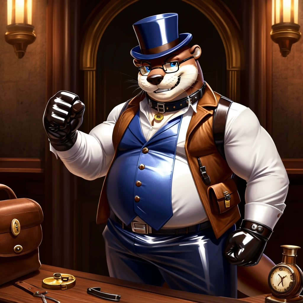 Solo, Male, fat, extremely obese, gentleman, dapper Professor Otter, blue eyes, (posing:1.3), (soft shading), 4k, hi res, ((detailed face, detailed)), looking at viewer, evil grin, steampunk, collared shirt with buttons, top hat, male focus, Explorer Outfit, glasses, monocle, bag, vest with buttons, backpack, sleeves rolled up, round eyewear, brown headwear, brown vest, Otter is wearing a glossy leather dog collar around the neck, Otter is wearing the leather collar and shirt and vest at the same time, Otter is wearing glossy white rubber gloves on the hands, wearing white rubber gloves on the feet, Otter is wearing glossy white cuffs around the wrists with cufflinks, gloves are rubber in texture, clenching teeth, clenching fists, leather collar is glossy and shiny with a lot of detail, Otter is wearing gloves and cuffs and cufflinks at the same time, leather collar has a round dog-tag, leather collar is thick and detailed.