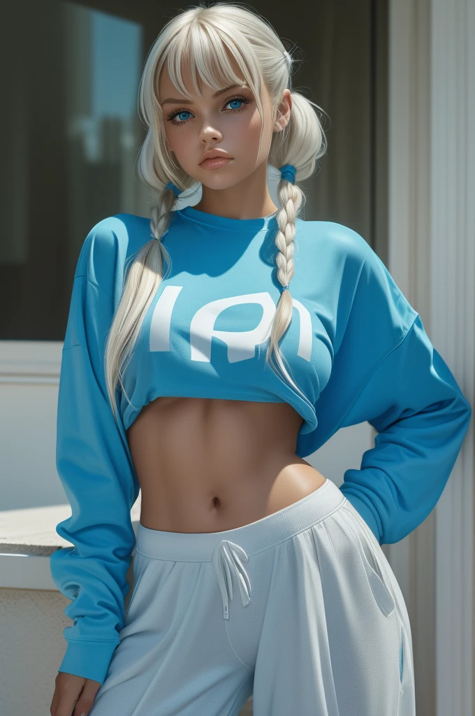 side pose of a beautiful American girl, hazel eyes, medium light blue hairs, wearing black athlete outfit , big curvy body, big breast and booty, workout on beach, realistic skin texture, realistic photography