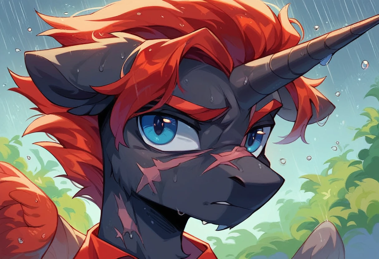 Male alicorn pony, black fur, long red hair, deep blue eyes, red feathers on wings, scar over left eye, red striping, vietnam-era helicopter pilot uniform, boonie hat, in a swamp, explosion in background, raining, wet hair, thousand-yard stare, close-up portrait