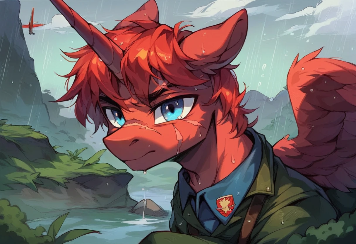 Male alicorn pony, black fur, long red hair, deep blue eyes, red feathers on wings, scar over left eye, red striping, vietnam-era helicopter pilot uniform, boonie hat, in a swamp, explosion in background, raining, wet hair, thousand-yard stare, close-up portrait