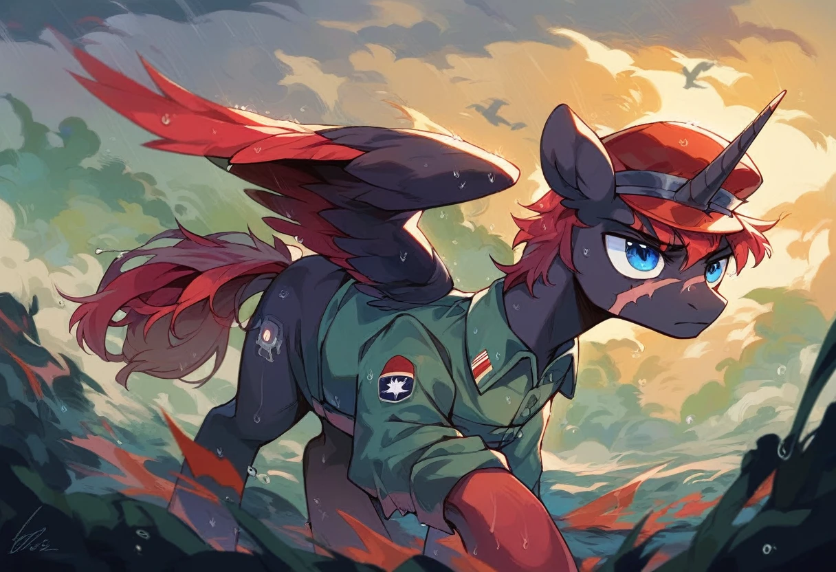 Male alicorn pony, black fur, long red hair, deep blue eyes, red feathers on wings, scar over left eye, red striping, vietnam-era helicopter pilot uniform, boonie hat, in a swamp, explosion in background, raining, wet hair, thousand-yard stare, close-up portrait