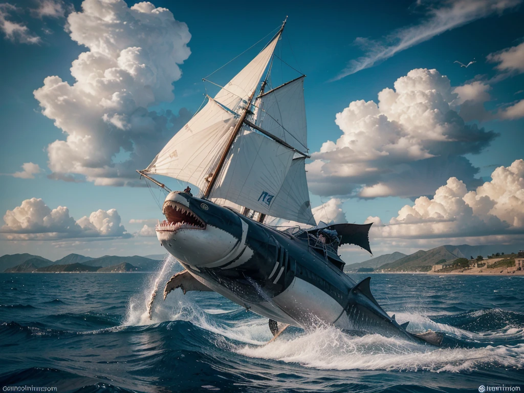 Composition of a highly detailed and intricate sci-fi scene, a a cat Riding a shaRk with an old ship, fifteenth century galleon type, sailing boat on the backgRound, shaRk cat hybRid, subReddit / R / whale, jean - leon geRome, jean-leon geRome, by Jean-Léon GéRôme, jean leon geRome, they aRe chasing the whale, by Niko HenRichon, half wolf half shaRk, dramatic clouds and vibrant sky, photorealistic, 8k, masterpiece, unreal engine, concept art style