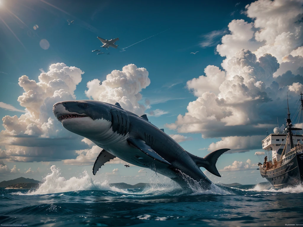 Composition of a highly detailed and intricate sci-fi scene, a a cat Riding a shaRk with an old ship, fifteenth century galleon type, sailing boat on the backgRound, shaRk cat hybRid, subReddit / R / whale, jean - leon geRome, jean-leon geRome, by Jean-Léon GéRôme, jean leon geRome, they aRe chasing the whale, by Niko HenRichon, half wolf half shaRk, dramatic clouds and vibrant sky, photorealistic, 8k, masterpiece, unreal engine, concept art style