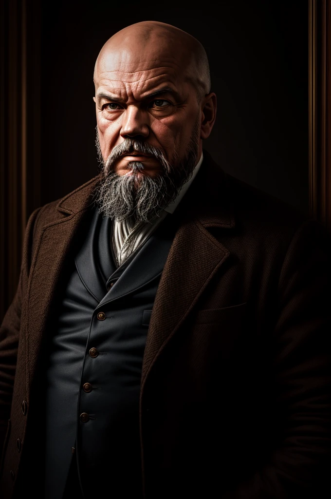 Lenin, middle aged man with short beard, serious expression, bald, Lenin в окружении мелкой буржуазии, Lenin говорит, Oil painting, dark colors, dramatic lighting, Chiaroscuro, high contrast, Photorealism, masterpiece, 8K, hyperdetailing, Sharp Focus, cinematic composition, moody atmosphere, dramatic shadows, Warm colors, cool colors