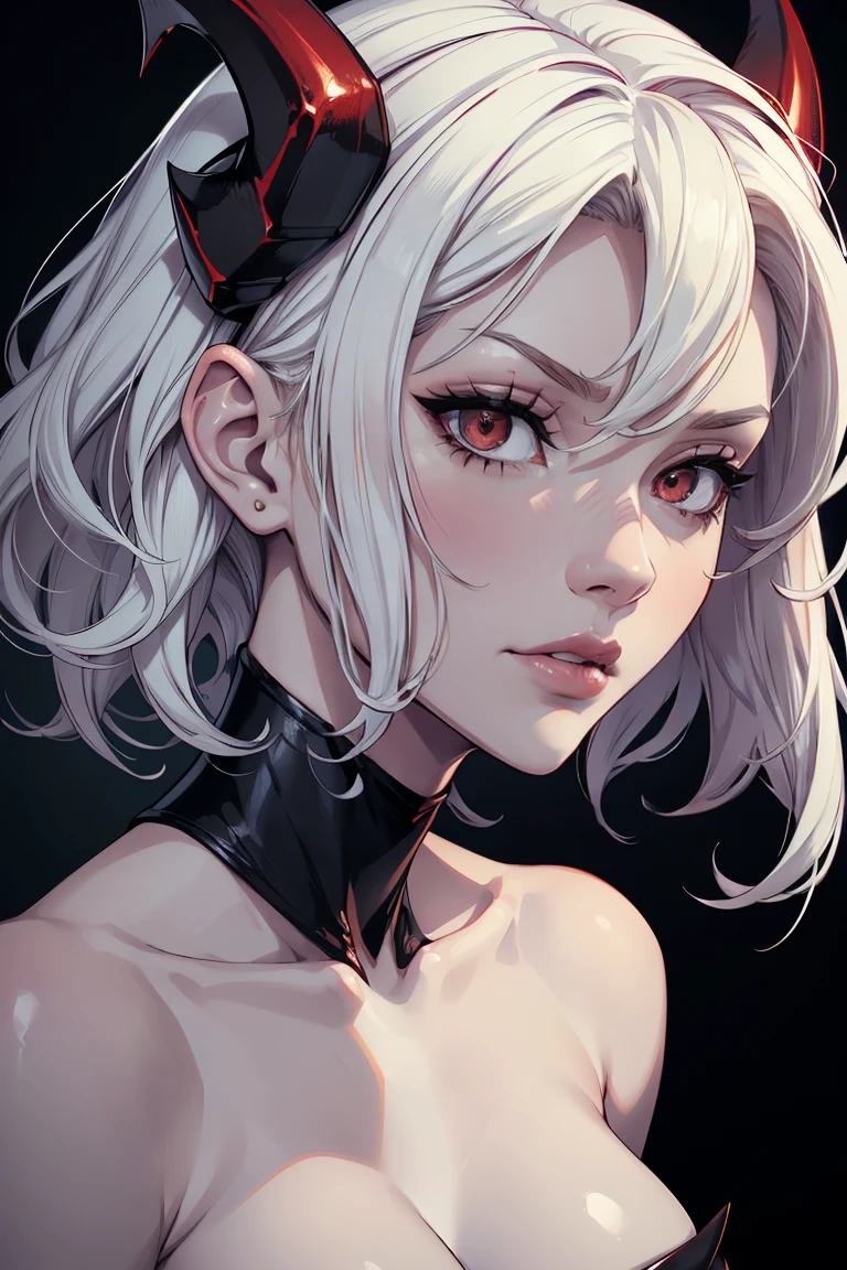 photo(portrait, from the front, close up, facing camera) of a woman(solo, succubus, short hair, wavy hair, white hair, pale skin, small nose, red eyes, cruel face, black horns, sadistic, violent, evil, perverted, grim, cold), hentai game, anime, best quality, masterpiece, maximum detail, high resolution
