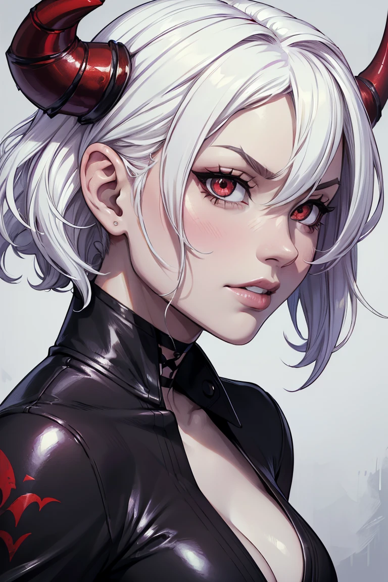 photo(portrait, from the front, close up, facing camera) of a woman(solo, succubus, short hair, wavy hair, white hair, pale skin, small nose, red eyes, cruel face, black horns, sadistic, violent, evil, perverted, grim, cold), hentai game, anime, best quality, masterpiece, maximum detail, high resolution
