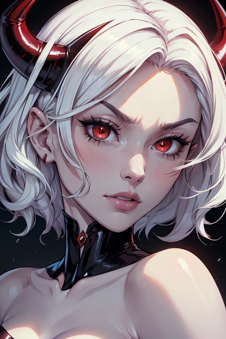 photo(portrait, from the front, close up, facing camera) of a woman(solo, succubus, short hair, wavy hair, white hair, pale skin, small nose, red eyes, cruel face, black horns, sadistic, violent, evil, perverted, grim, cold), hentai game, anime, best quality, masterpiece, maximum detail, high resolution
