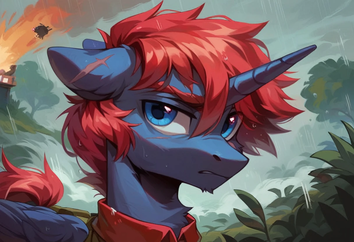 Male alicorn pony, black fur, long red hair, deep blue eyes, red feathers on wings, scar over left eye, red striping, vietnam-era helicopter pilot uniform, boonie hat, in a swamp, explosion in background, raining, wet hair, thousand-yard stare, close-up portrait 