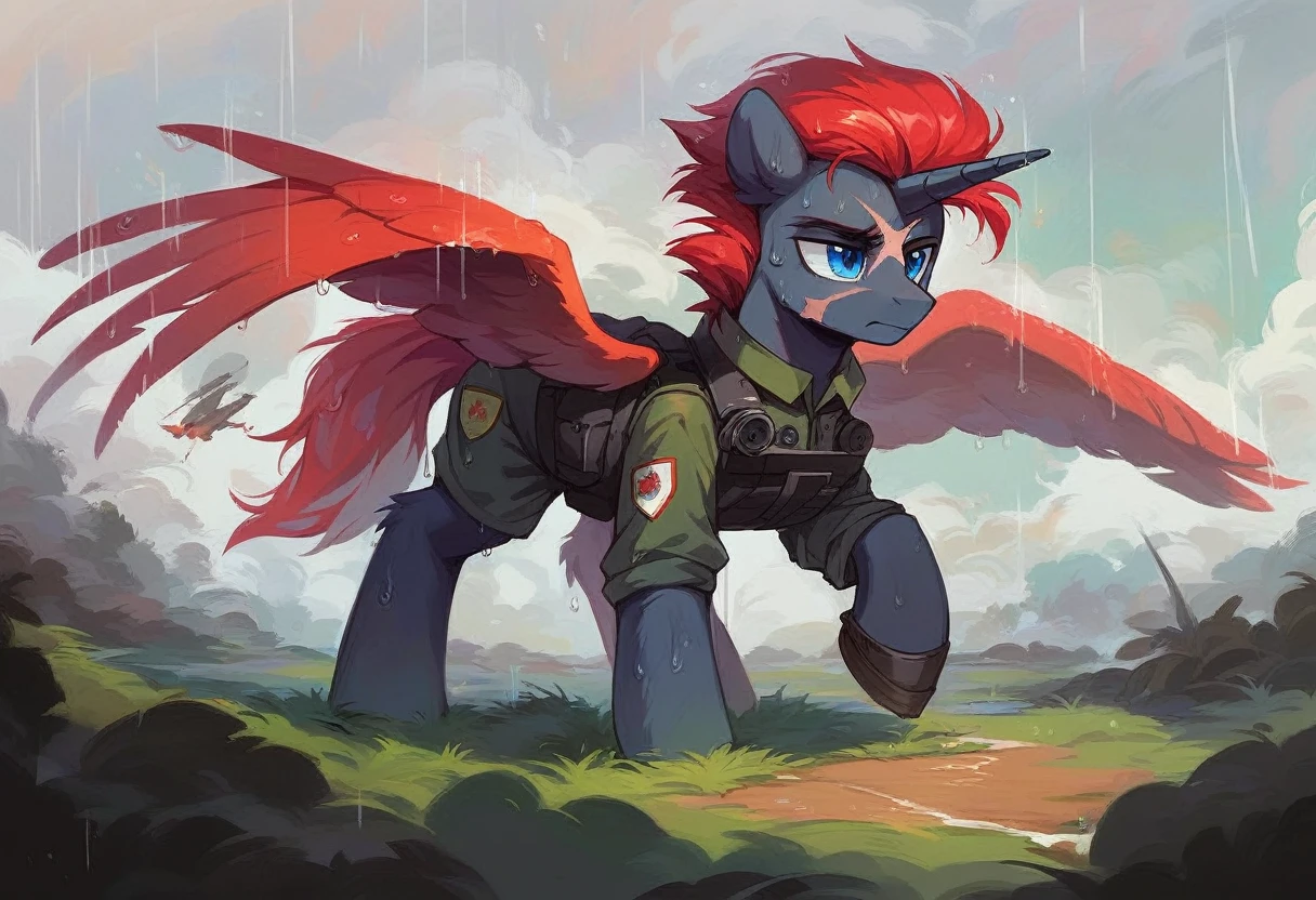 Male alicorn pony, black fur, long red hair, deep blue eyes, red feathers on wings, scar over left eye, red striping, vietnam-era helicopter pilot uniform, boonie hat, in a swamp, explosion in background, raining, wet hair, thousand-yard stare, close-up portrait