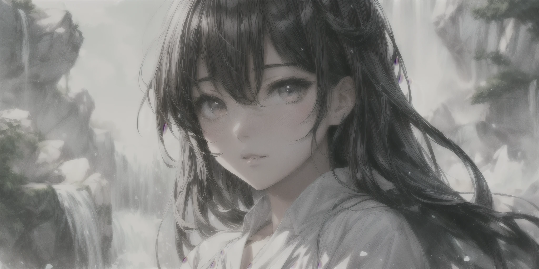 anime girl with long black hair and white shirt in front of a waterfall, guweiz, detailed portrait of anime girl, beautiful anime portrait, portrait anime girl, portrait of an anime girl, anime girl portrait, profile of anime girl, anime moe artstyle, beautiful anime girl, portrait of anime girl, cute anime girl portraits, young anime girl, cute anime girl portrait