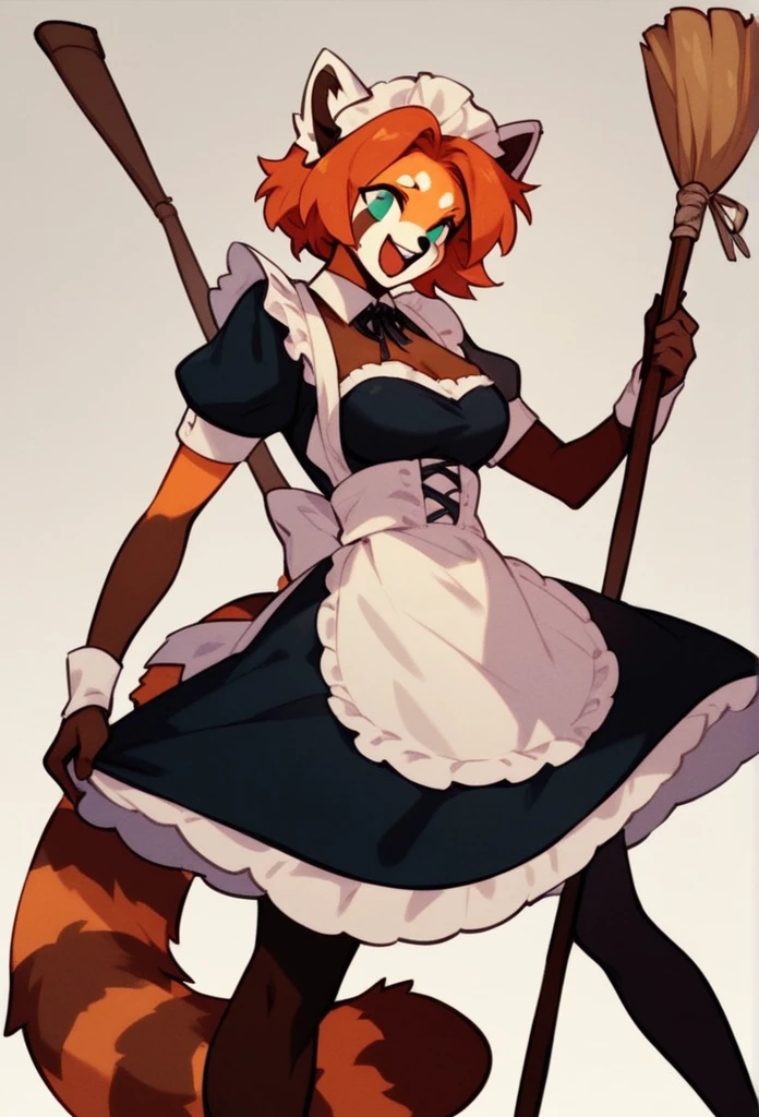 score_8_up,( score_4_up:-0.2), woman, red panda, perfect body, happy, feminin, maid, hold a broom like a weapon