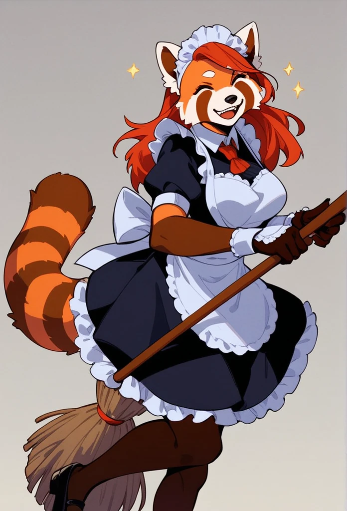 score_8_up,( score_4_up:-0.2), woman, red panda, perfect body, happy, feminin, maid, hold a broom like a weapon