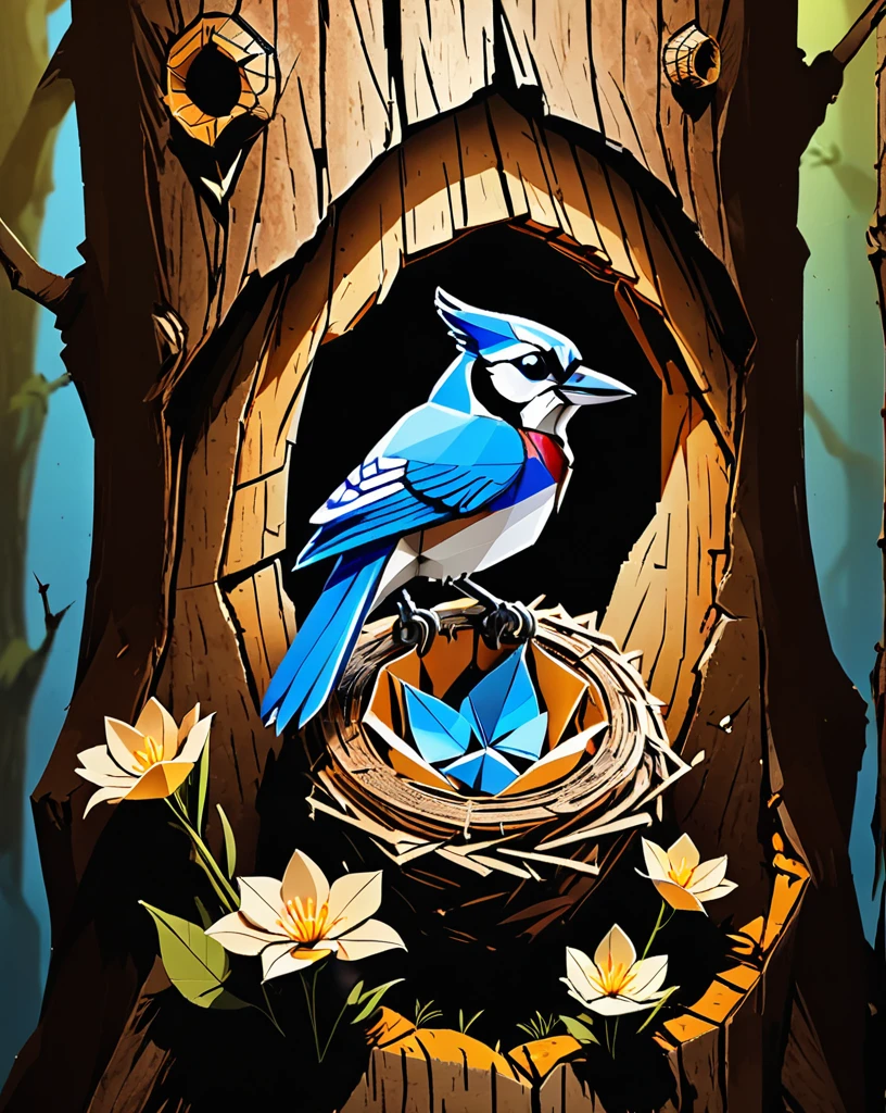 flowers in origami texture, tree trunk hole with nest, Vector art, Robotic blue Jay, bright light, Adobe Lightroom, Pixabay, artstation, 