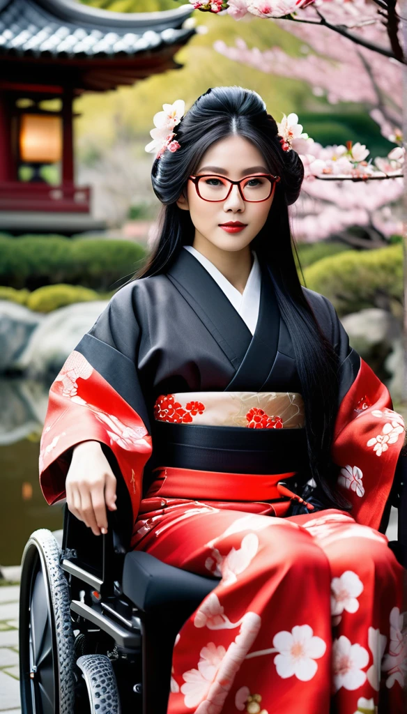 A beautiful Japanese girl sitting in a luxurious and comfortable sofa-like electric wheelchair. She wears red glasses. She has long, flowing black hair and wears a traditional kimono with intricate patterns. In the background is a serene Japanese garden with cherry blossoms in full bloom, stone lanterns, and a carp pond. She combines the beauty of traditional Japanese culture with modern inclusiveness.