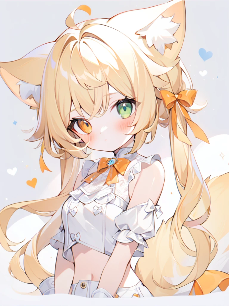 very delicate art, delicate colors,1girl, animal ears, bangs, bare shoulders, blonde hair, blush, bow, breasts, white cleavage, cropped torso, , green eyes, hair ribbon, heterochromia,  stlooking at viewer, , orange bow, orange eyes, orange ribbon, ears like an unearthly animal, fluffy tail, light tail, real tail, ribbon, solo, stuffed animal, stuffed bunny, stuffed toy, twintails, upper body, full-length, white legbands, white shoes with lace and white bows, white background, wrist cuffs, yellow eyes, bloomers, close-up, fair skin frills, lace, midriff, skirt, solo, , white background,shorts, white top with ribbon and lace and trousers,trousers, genshin,white slippers with a bow,All clothes are white, laceAt full height, it stands, в полный рост