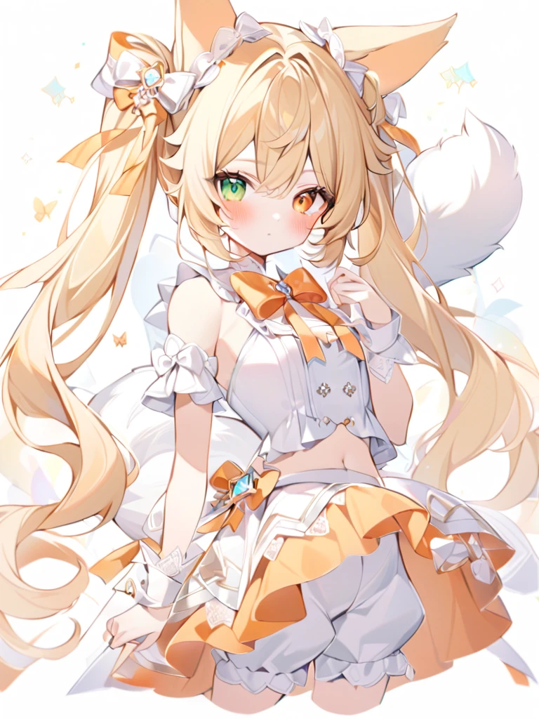 very delicate art, delicate colors,1girl, animal ears, bangs, bare shoulders, blonde hair, blush, bow, breasts, white cleavage, cropped torso, , green eyes, hair ribbon, heterochromia, stlooking at viewer, , orange bow, orange eyes, orange ribbon, ears like an unearthly animal, fluffy tail, light tail, real tail, ribbon, solo, stuffed animal, stuffed bunny, stuffed toy, twintails, upper body, full-length, white legbands, white shoes with lace and white bows, white background, wrist cuffs, yellow eyes, bloomers, close-up, fair skin frills, lace, midriff, skirt, solo, , white background,shorts, white top with ribbon and lace and trousers,trousers, genshin,white slippers with a bow,All clothes are white, laceAt full height, it stands, в полный рост