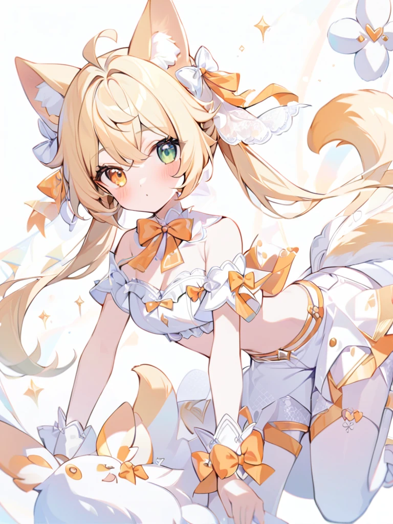 very delicate art, delicate colors,1girl, animal ears, bangs, bare shoulders, blonde hair, blush, bow, breasts, white cleavage, cropped torso, , green eyes, hair ribbon, heterochromia, stlooking at viewer, , orange bow, orange eyes, orange ribbon, ears like an unearthly animal, fluffy tail, light tail, real tail, ribbon, solo, stuffed animal, stuffed bunny, stuffed toy, twintails, upper body, full-length, white legbands, white shoes with lace and white bows, white background, wrist cuffs, yellow eyes, bloomers, close-up, fair skin frills, lace, midriff, skirt, solo, , white background,shorts, white top with ribbon and lace and trousers,trousers, genshin,white slippers with a bow,All clothes are white, laceAt full height, it stands, в полный рост