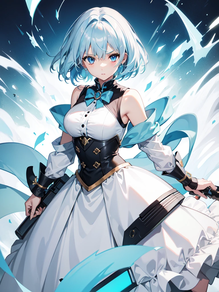 1 girl, light blue hair, light hair hair, sharp eyes, light blue eyes, sleeveless combat dress, bow, serious look, masterpiece, high quality, fantasy eyepatch, unique eyepatch, short hair, short hair