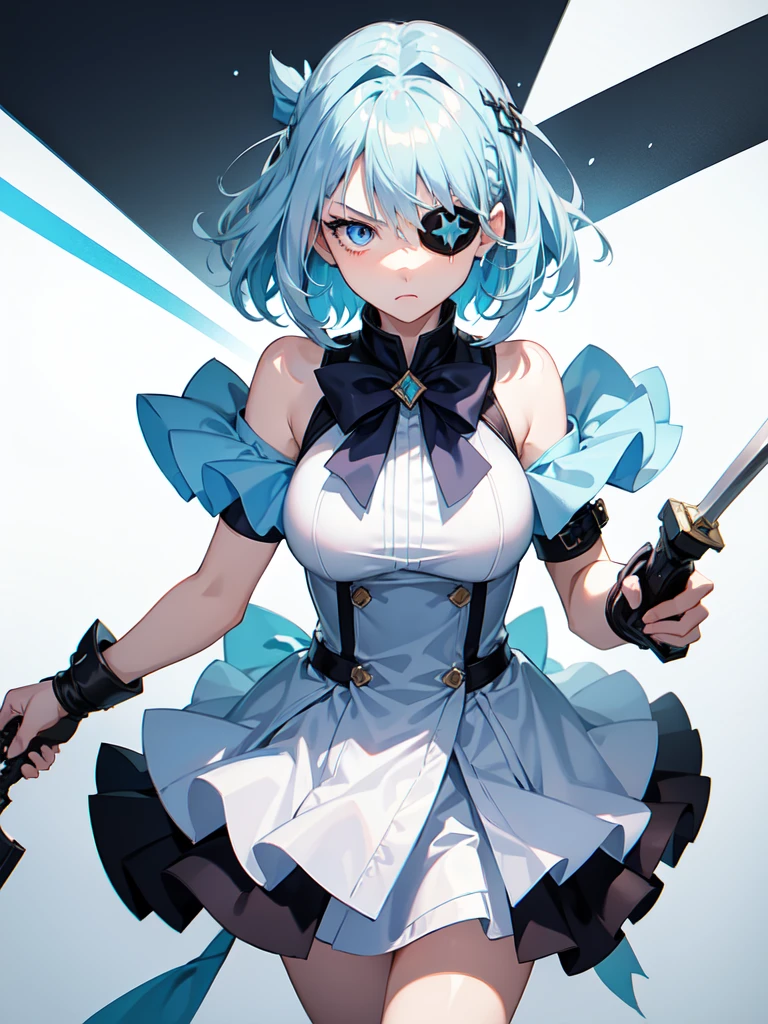 1 girl, light blue hair, light hair hair, sharp eyes, light blue eyes, sleeveless combat dress, bow, serious look, masterpiece, high quality, fantasy eyepatch, unique eyepatch, short hair, short hair