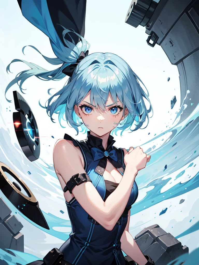 1 girl, light blue hair, light hair hair, sharp eyes, light blue eyes, sleeveless combat dress, bow, serious look, masterpiece, high quality, fantasy eyepatch, unique eyepatch, short hair, short hair