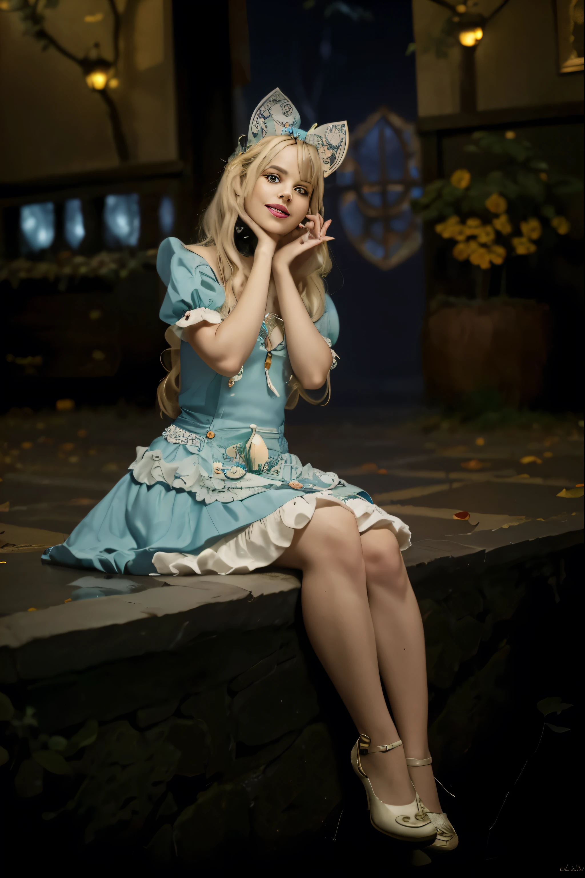 (Best quality, 8k, 32k, Masterpiece, UHD:1.2), "Transform the scene into the whimsical and surreal Wonderland from Tim Burton's Alice in Wonderland movie. Picture a fantastical landscape filled with vibrant colors, twisted shapes, and eccentric details that defy the laws of nature.
The sky is a swirling blend of deep purples and electric blues, dotted with fluffy, oversized clouds. The ground is a patchwork of lush, green meadows and peculiar, brightly colored flowers that seem to have a life of their own. Enormous mushrooms, in a variety of shapes and sizes, tower above, casting curious shadows.
In the distance, you can see the towering, whimsical architecture of the Queen of Hearts' castle, with its heart-shaped turrets and red-and-black color scheme. A winding path, paved with mismatched stones, leads through the landscape, inviting exploration. Along the path, you'll encounter all manner of strange and enchanting creatures, from the mischievous Cheshire Cat, with his wide grin and glowing eyes, to the endearing yet peculiar White Rabbit, always in a hurry.
The trees are gnarled and twisted, with branches that reach out like skeletal hands, some adorned with glowing lanterns and peculiar fruits. The foliage is dense and full of surprises, with occasional glimpses of fantastical creatures peeking through.
The overall atmosphere is one of enchantment and curiosity, with a touch of darkness and mystery, capturing the unique and magical essence of Tim Burton's Wonderland. Every element should be infused with a sense of whimsy and wonder, transforming the setting into a place where the impossible becomes possible."